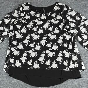 AB Studio Floral Sheer Sleeve Keyhole Blouse XL Chic‎ Boho Elegant Flowy Office